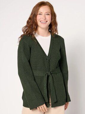 BEAUTIFUL by Lawrence Zarian Tie Waist Cardigan Sweater, Hunter Sz M a667176